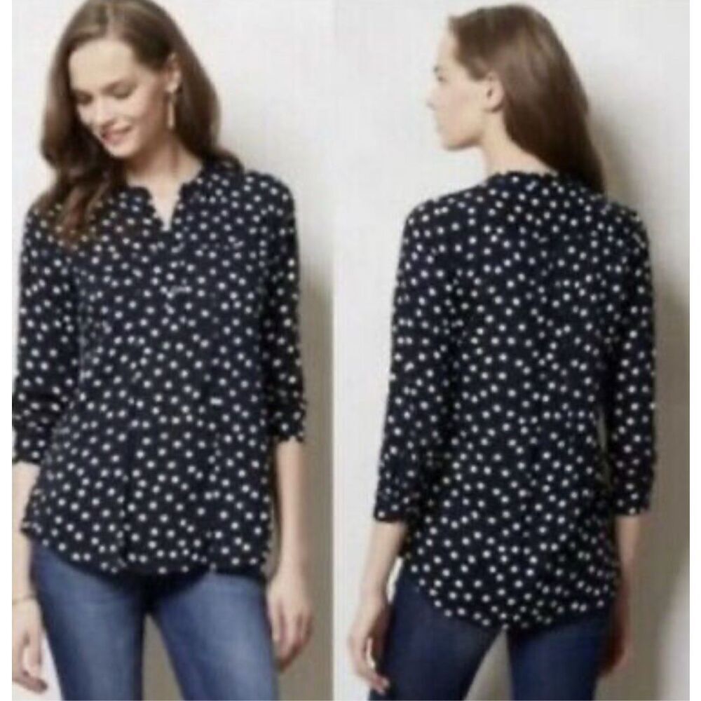 Zara blue white polka dot shirt top 3/4 sleeve Sz S button down
